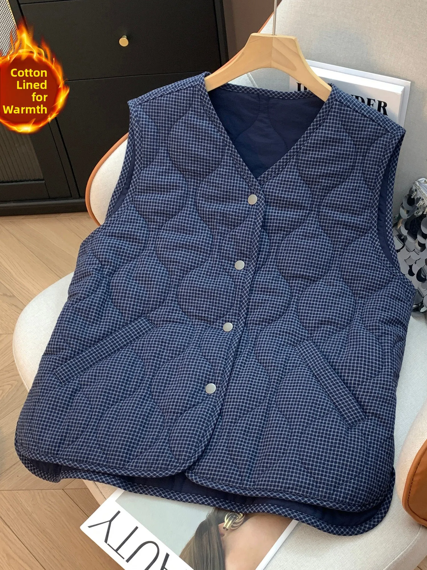 Retro Fashion Thin Plaid Cotton Vest Jacket Women's Winter Inner Cotton Layered Wear Small Size Vest Coat Warmth