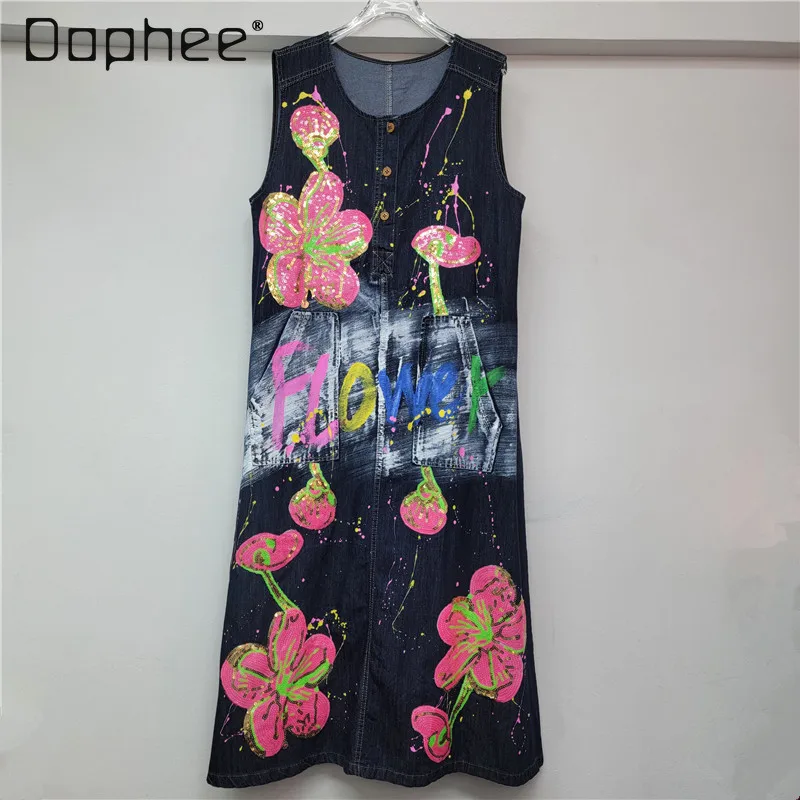 

2023 летнее новое женское платье, свободное джинсовое платье без рукавов с блестками и круглым вырезом, модное повседневное короткое платье