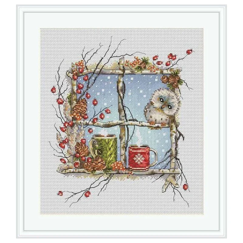 Amishop adorável kit de ponto cruz de contagem coruja na janela coruja calor na casa pinhas 13018 decoração para casa