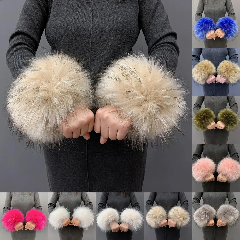 Anime Women Faux Fox Fur Cuffs Wristband Winter Warmer Arm Wrist Raccoon Fur Sleeve Gloves Winter Wrist Sleeve Fluffy Oversleeve