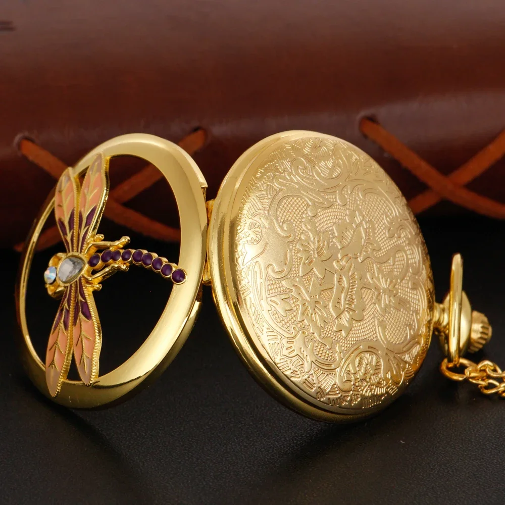Exquisite Insect Dragonfly Specimen Gold Cute Mini Quartz Pocket Watch Men and Women Necklace Clock Fashion Gift Accessories