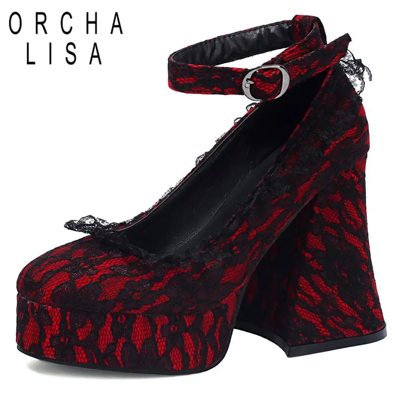 

ORCHA LISA 2025 Fashion Mary Janes Pumps Round Toe Block Heels 12cm Platform Mixed Buckle Strap Big Size 42 43 Sexy Party Shoes