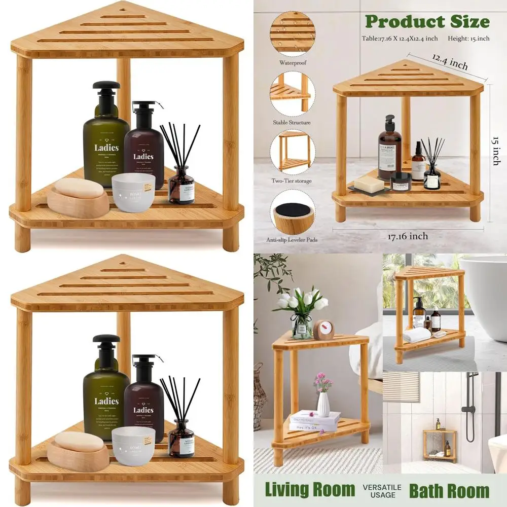 

Compact 2-Tier Waterproof Shower Stool with Storage Shelf for Shaving, Small Spaces, and Comfortable Bathing