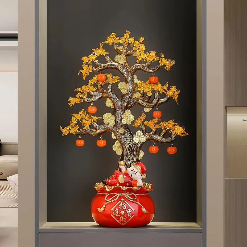 Twisted Branch Foliage Floor Ornament Round Orange Pendant Coin Shaped Accent Glossy Red Bag Vase Lobby Office Ground Display