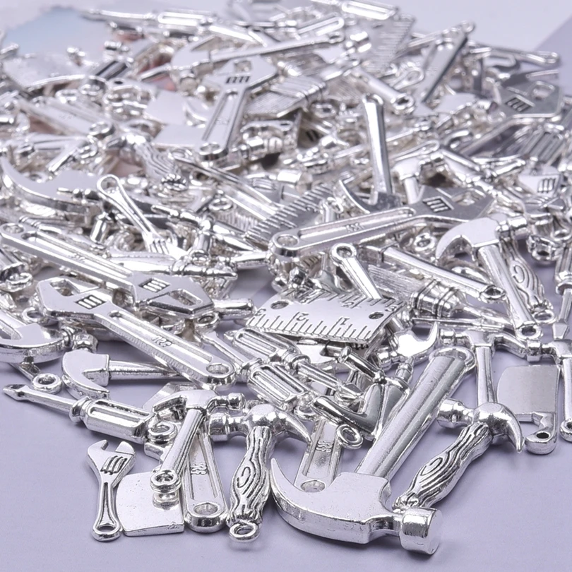 50-65pcs Metal Repair Tool Hammer Wrench Pliers Bottle Opener Charms For Jewelry Making Supplies Pendant Accessories Wholesale