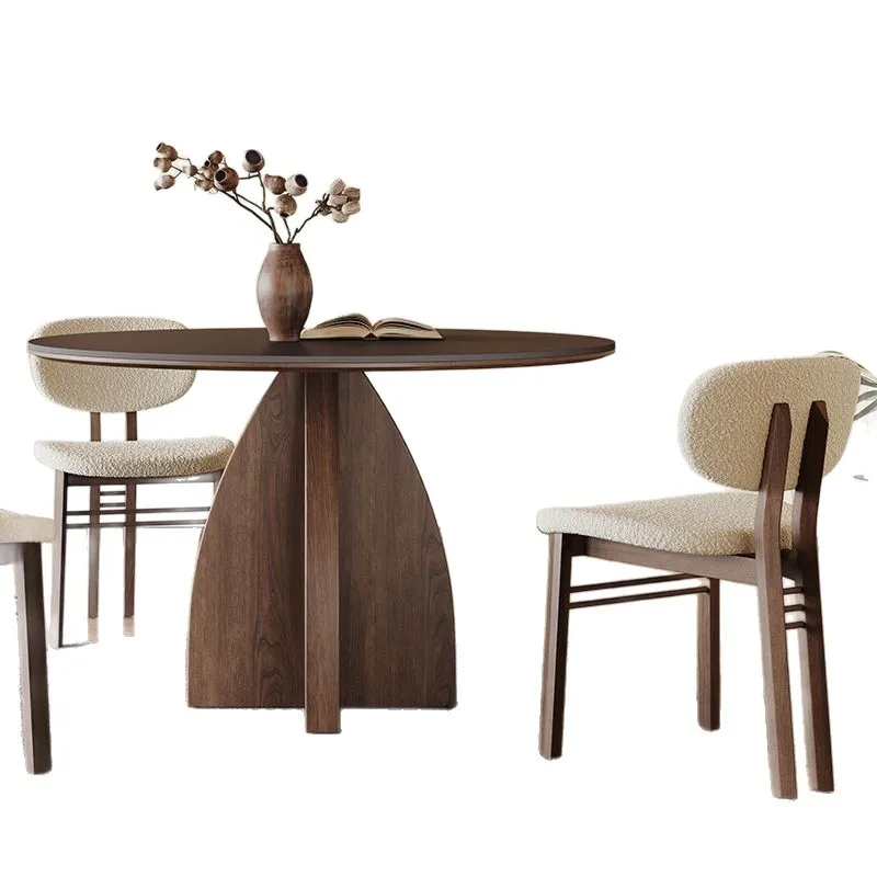 

Nordic solid wood round table, household with turntable, rock slab dining table