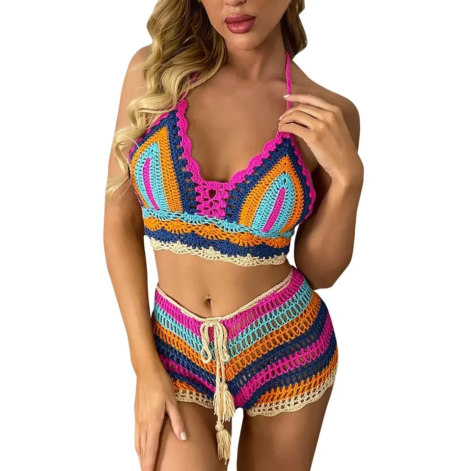 Summer Sexy Beach Vacation Bikini Split Color Striped Hand Crochet Knitted Swimsuit Set High Waist Two Pieces Woman Swimsuits