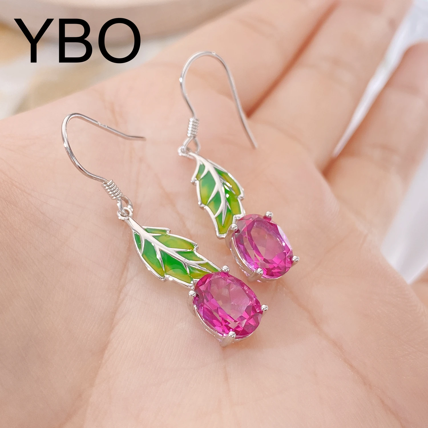 YBO Green Leaf Baking Varnish Enamel Drop Earrings Natural Pink Topaz Dangling Earrings For Women 925 Sterling Silver Jewelry