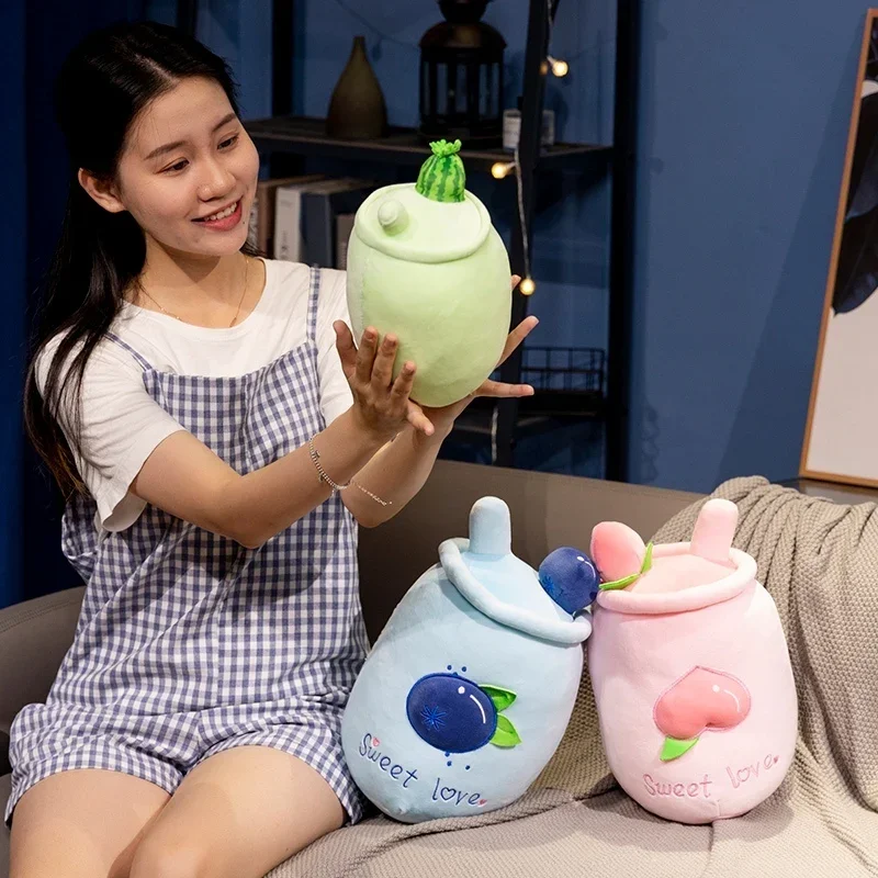 Copo de chá de leite fofo e realista, brinquedo de pelúcia macio, sabor de frutas, copo de chá de leite, decoração engraçada para quarto, sofá, presente adorável para crianças