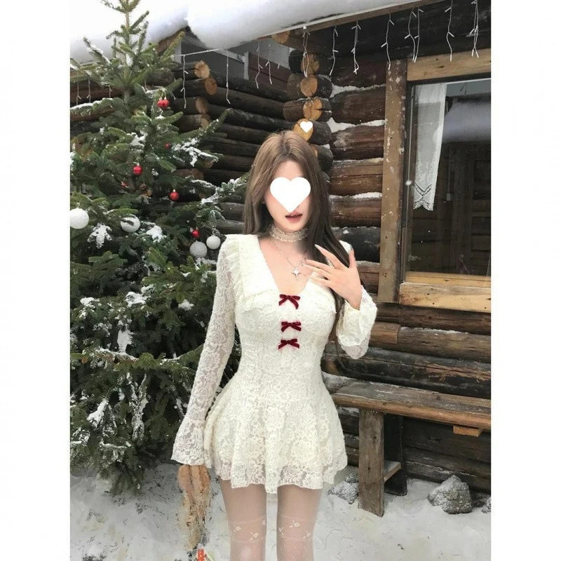 

New Celebrity Lace Dress Doll Collar Lapel Bow Waist Pendulum Temperament Pure Desire Skirt Niche Comfortable Fashionable