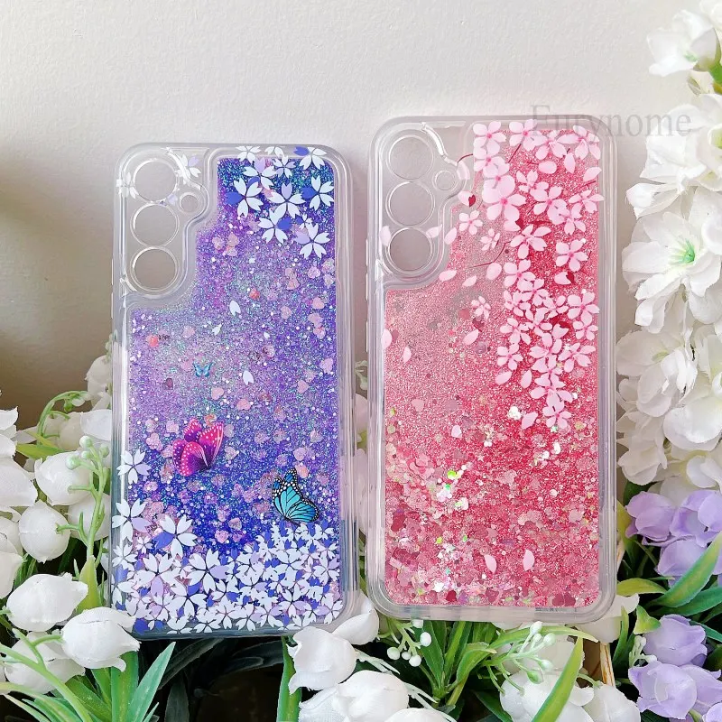 Liquid Glitter Case For Samsung Galaxy A17 A16 A56 A35 A55 A15 A25 A54 A34 A36 Pink Bling Quicksand Flower Butterfly Clear Cover