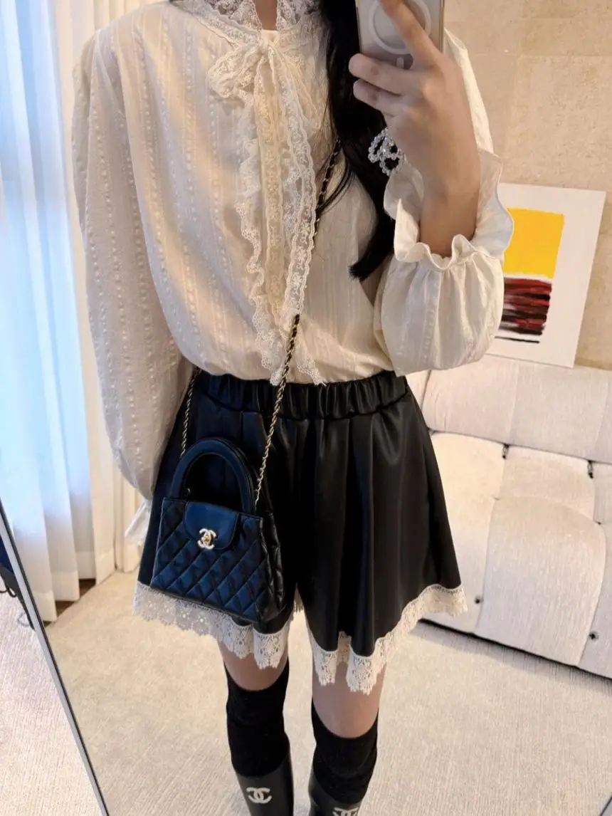 

Женская свободная блузка с кружевной отделкой и вставками, с поясом-завязкой, приталенная, с рукавами-колокол, модная, в корейском стиле, с длинными рукавами, из хлопка