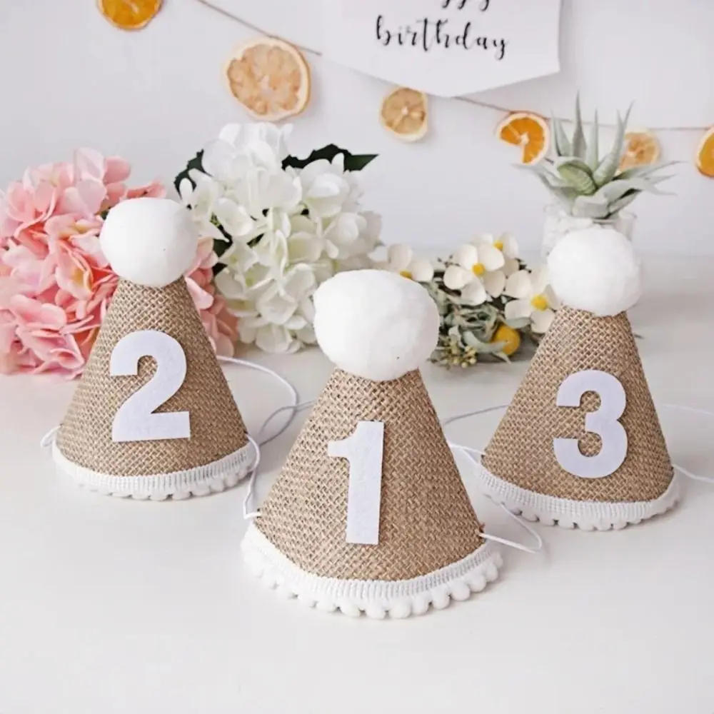 Burlap Material Burlap Birthday Hat 1~3 Year Newborn Size Birthday Party Hat Photo Props with Ball Birthday Headband