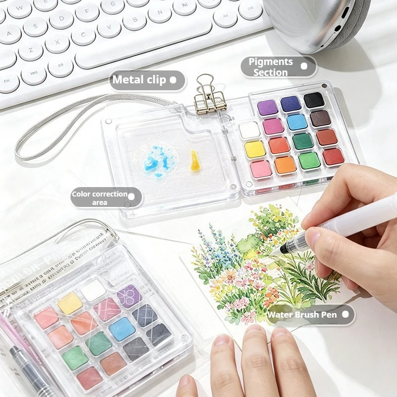 15 Colors Portable Travel Solid Watercolor Drawing Gift Set Mini Watercolors Pigments Painting Brush Palette Box Art Supplies