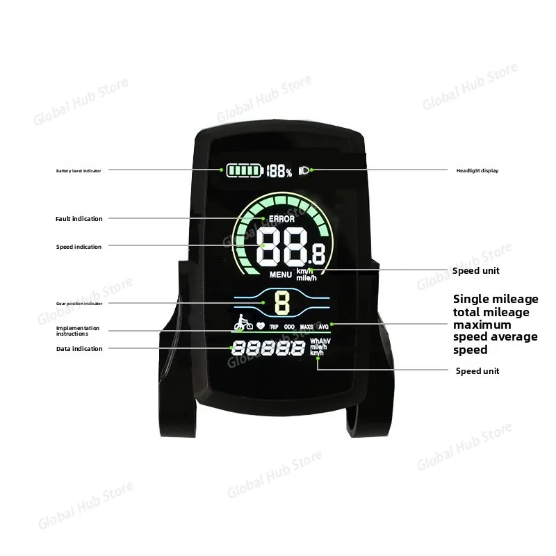 80C.C Electric Bicycle Instrument, Mountain Bike Speed Measurement, LCD Screen, Stopwatch Instrument Electric Bike Controller