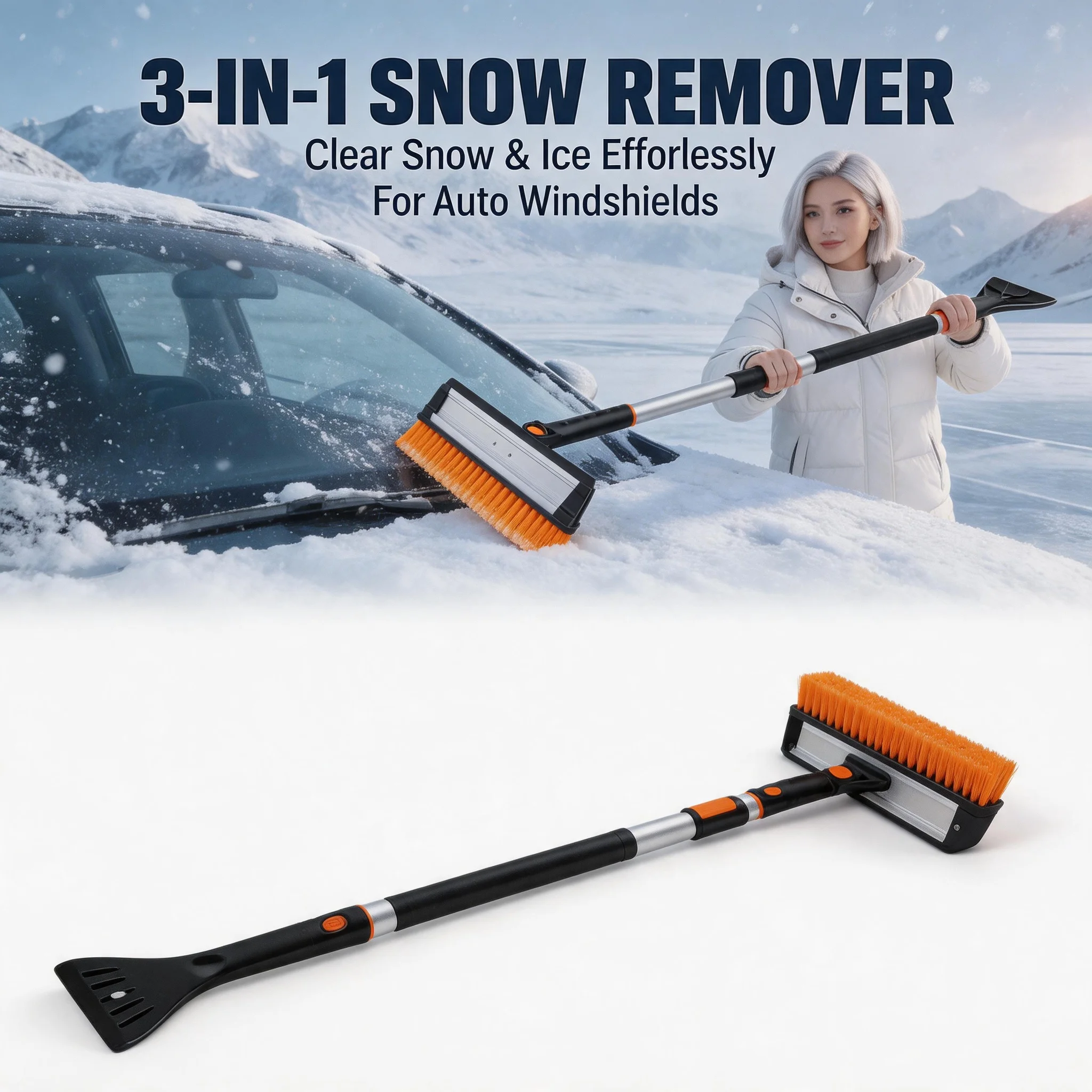 Universal Fit Car Snow Scraper 3-in-1 Ice Frost Removal Brush Shovel for Cars Trucks SUVs Winter Windshield Cleaning Tool Kit