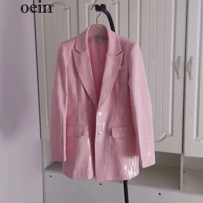 [oein] 2024 Autumn Fashionable High-end Pink Sequin , High-end Sense, Casual Suit Jacket, High Pants, Spring Autumn New