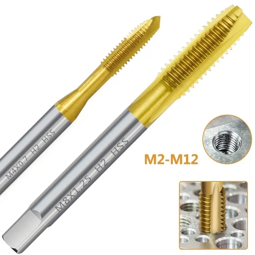 7 Sizes 1pc HSS Titanium Coated Screw Tap Metric Straight Flute Thread Tap Drill Bit M2 4 M5 M6 M8 M10 12 Hand Tools