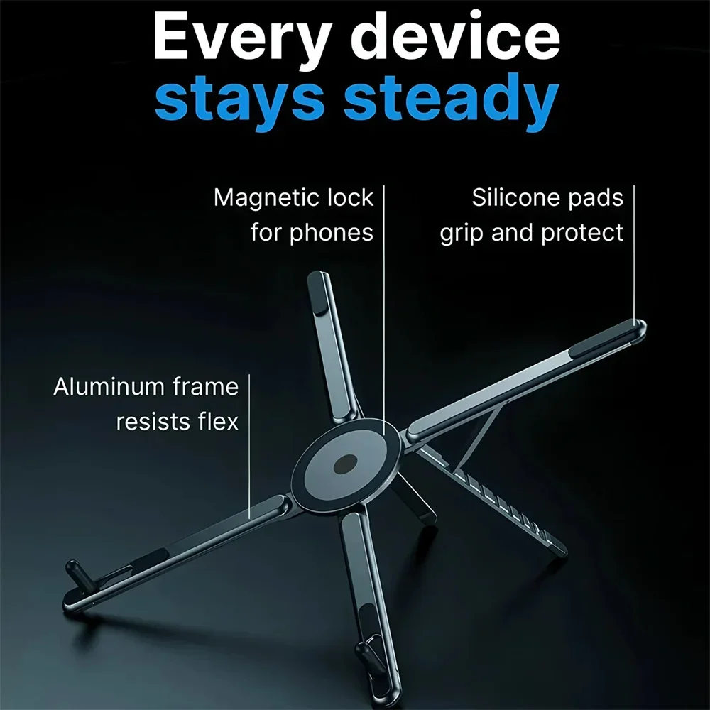 Laptop-Ständer aus Aluminiumlegierung, faltbar, magnetisch, Schreibtisch-Telefonhalter, tragbar, verstellbar, Selfie-Stick-Stativ für Telefon, Tablet, Laptop – Detail 14
