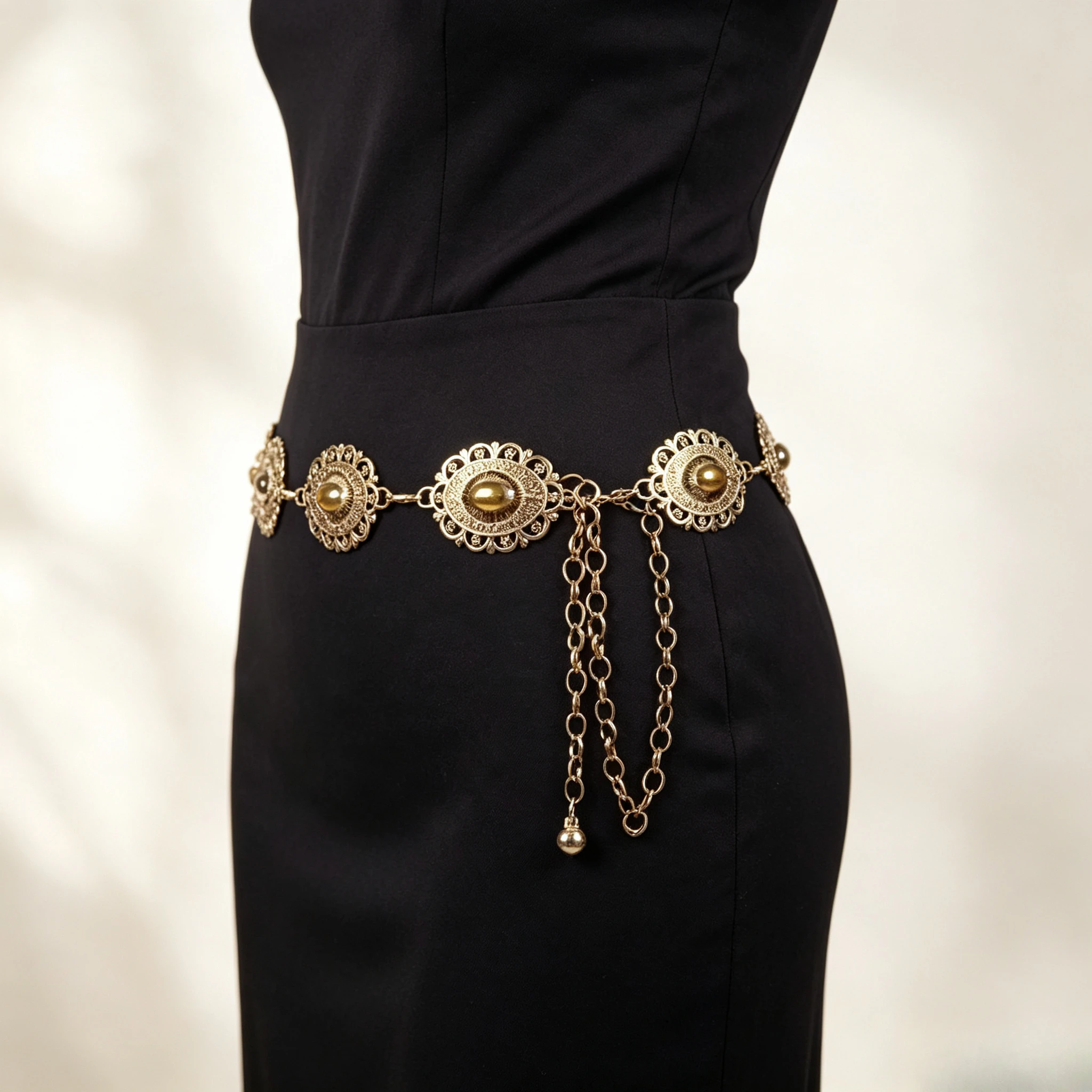 Vintage Carved Floral Metal Waist Chain Women Oval Bead Decor Tassel Adjustable Gold Body Chain Belt For Party Dresses