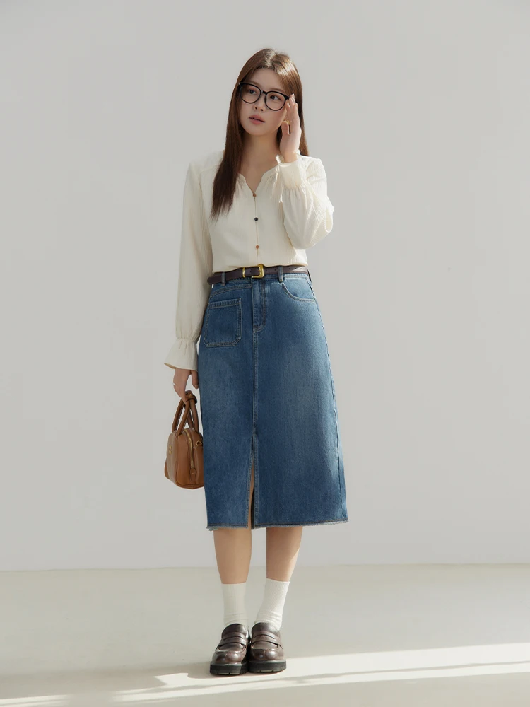 DUSHU High Waist Women Denim Blue Knee-Length Skirts Hem Retro Raw Edge Design Slit Skirt Spring Female Denim Skirt 24DS81126