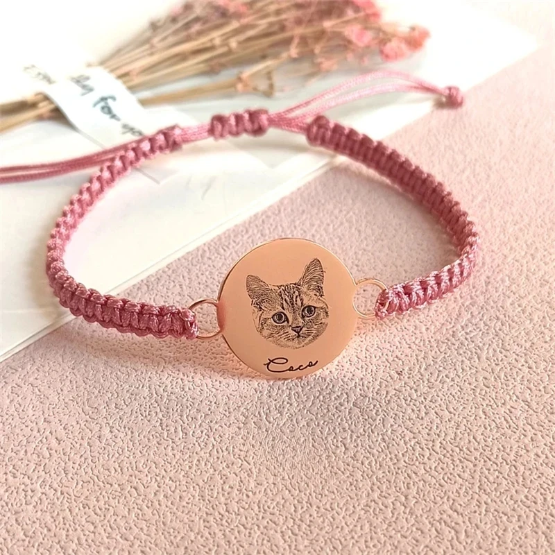 Customize Stainless Steel Pet Portrait Bracelet For Women Personalize Cat Dog Photo Adjustable Owner Braided Rope Bangle Jewelry