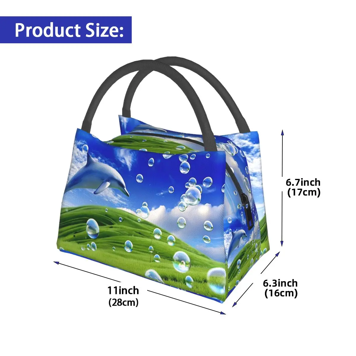 Frutiger Aero Dolphin Aesthetic Meadow With Bubbles And Mountains And Sky Lunch Bag Container Cooler Thermal Lunch Box Tote