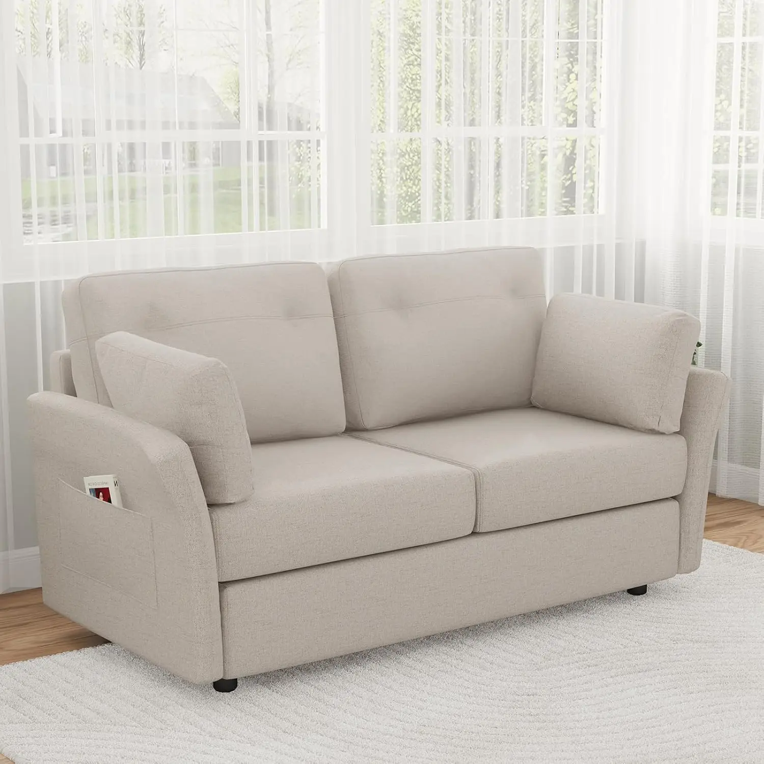 

57" Loveseat Sofa Small Couch for Living Room, Linen Fabric Upholstered Loveseat Sofa Couch Small Loveseat Sofa with 2 Bolster