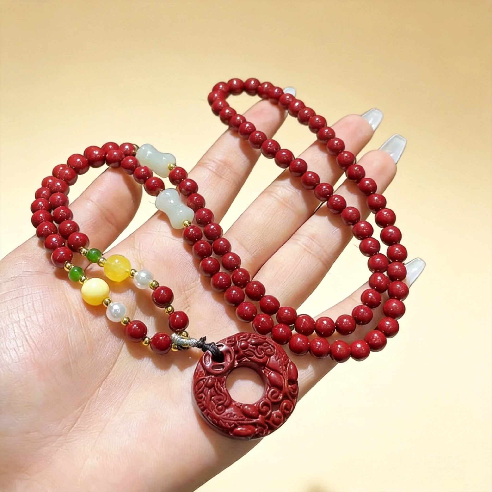 Chinese Style Lucky Cinnabar Pendant Necklace For Women Good Fortune Blessing Wealth Transfer Long Beaded Sweater Chain Vintage