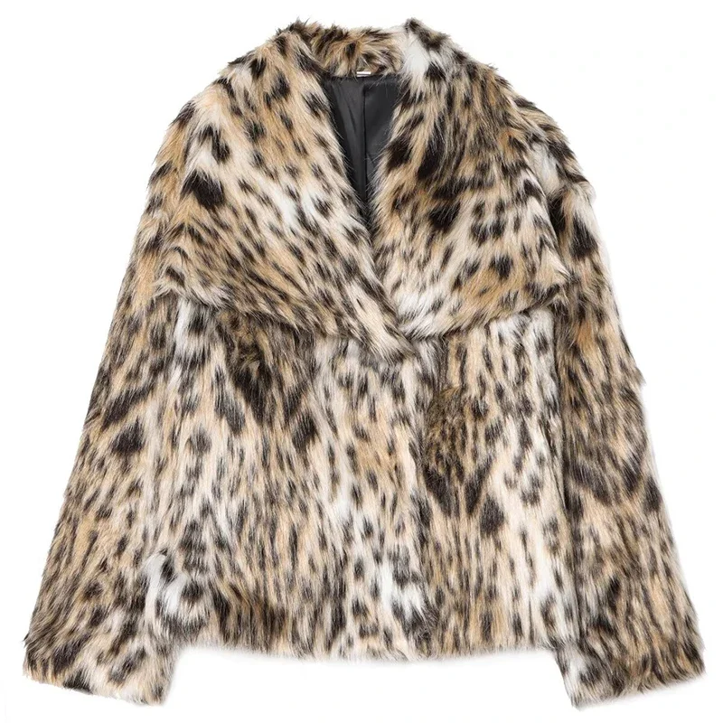 Loose Artificial Fur Jackets Leopard Print Fashionable Turn Up Neck Long Sleeve Women's Winter Outerwear Street Style Top Jacket