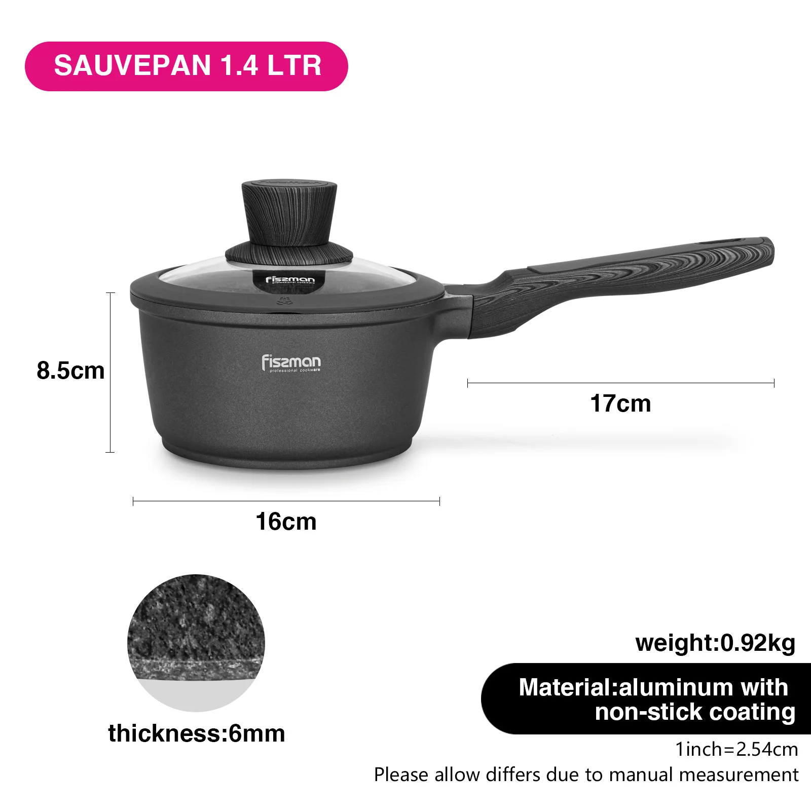 Sauce Pan PRESTIGE 16cm with glass lid Aluminum With Non-Stick Coating Milk Pan Thickened Stove Top Induction Cooker Kitchen