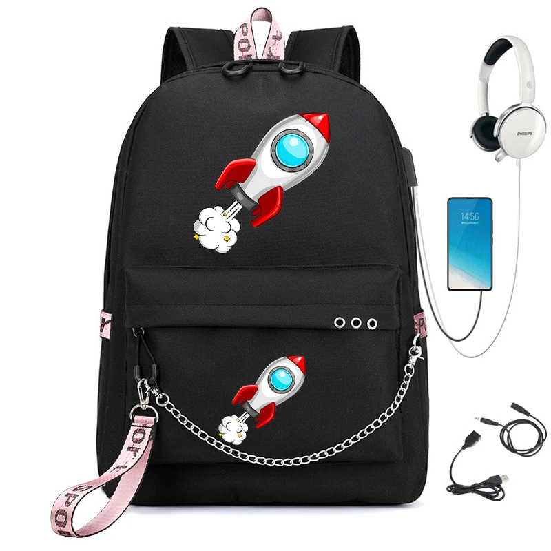 Space Rocket Cartoon Backpack Bags for Girls Secondary School Bagpack College Student Rucksack Usb Charging Mochila Escolar