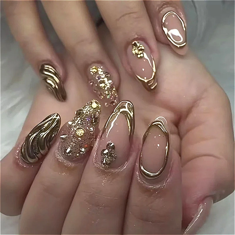 

24PCS Golden Patterns Simple Nude Almond Press on Nails with 3D Irregular Ins French Nail Art Artificial Wearable Fake Nail Tips