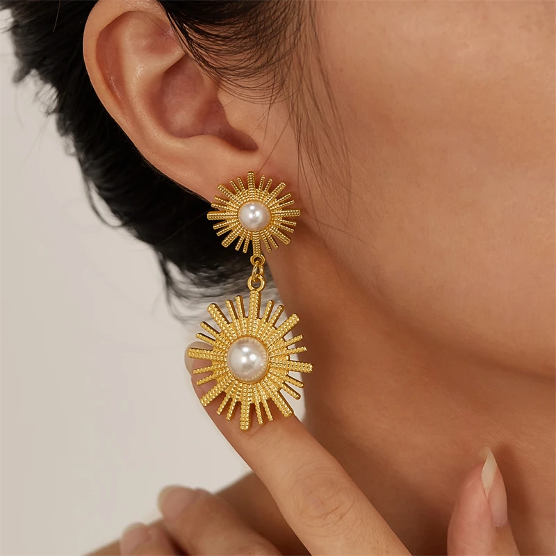 316L Stainless Steel 2024 New Fashion Fine Jewelry French Retro Style Embed Pearls Gear Shape Sunflower Stud Earrings For Women
