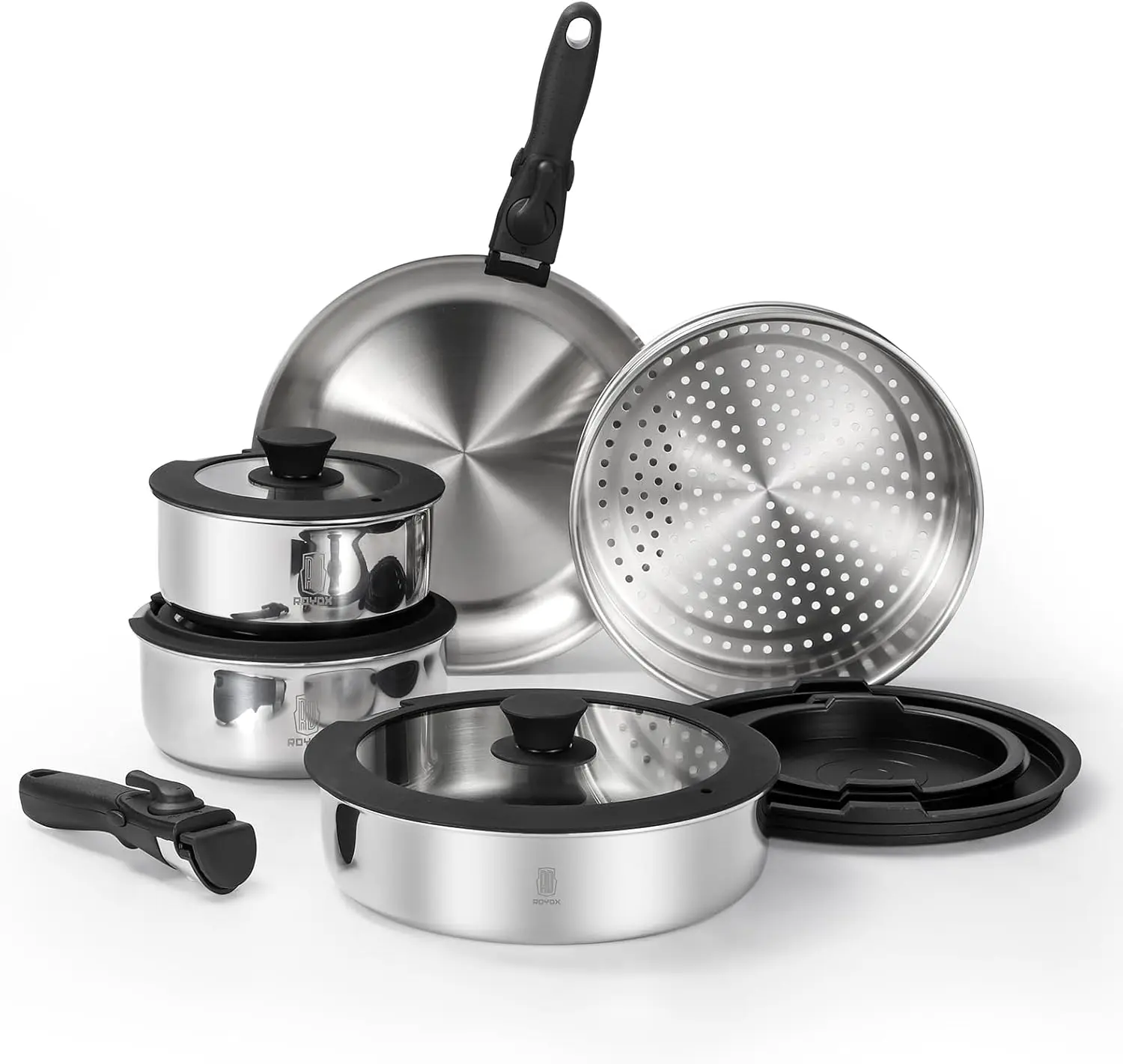 Juego de ollas y sartenes ROYDX de 3 capas, juego de utensilios de cocina de acero inoxidable 18/10 con asas desmontables, sin PDAOA, sartén, patillas con Li