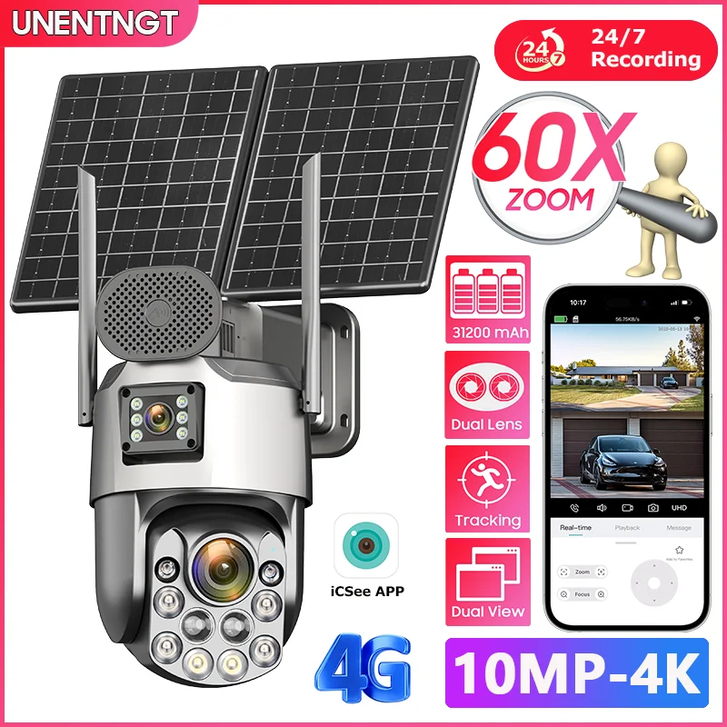 4G Solar Outdoor Surveillance Cameras for 4G Sim Card 60X Optical Zoom 7/24 Recording Human Auto Tracking/ZOOM PTZ Security Cam