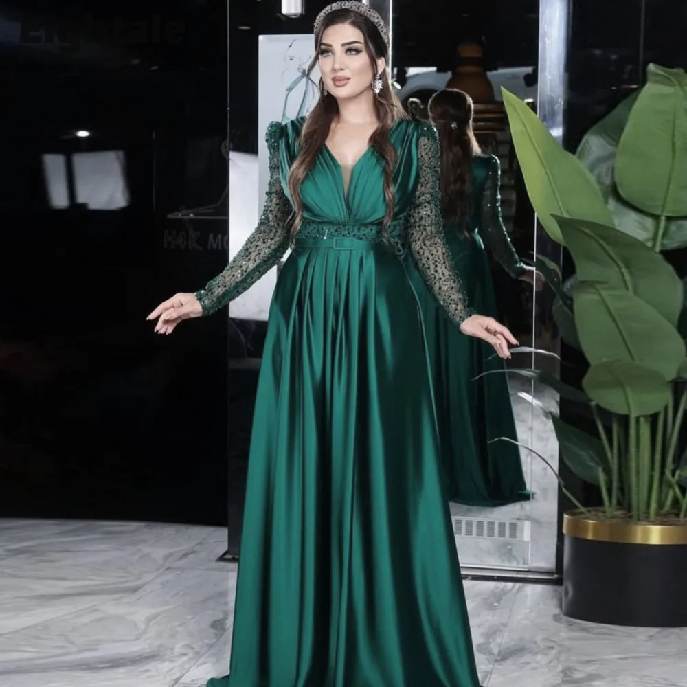 Eightale Emerald Green Evening Dresses V-Neck Long Sleeves Satin A-Line Customized Prom Party Gown Wedding Robes De Soirée