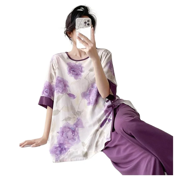 

Thin Medium-sleeved Trousers Women's Pajamas New Chinese-style Contrasting Color Two-piece Set Retro Cotton and Silk Loungewear