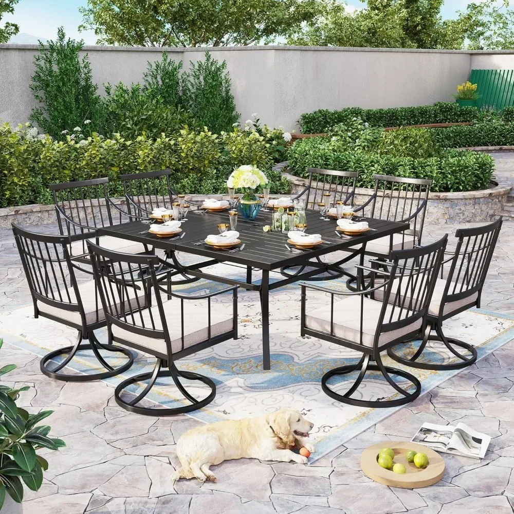 60 inch large outdoor metal dining table for 8 people, with 1.9-inch adjustable umbrella hole, all day wrought iron furniture