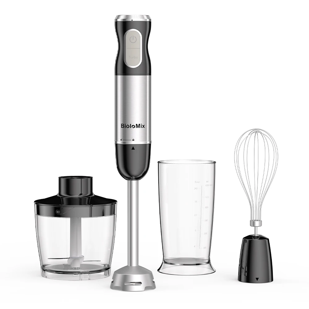 BioloMix 1000W Hand Stick Blender 4-in-1 with Chopper Whisk 500ml Meat Grinder 600ml Smoothie Cup - Immersion Mixer for Kitchen
