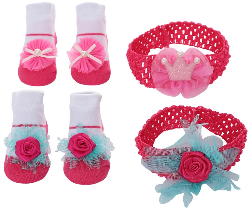 

0-12M Newborn Baby Girl Headband Socks Pack 2pcs Set Flower Crown Princess Toddler Infant Girls Headwear Socks Wholesale Cheap