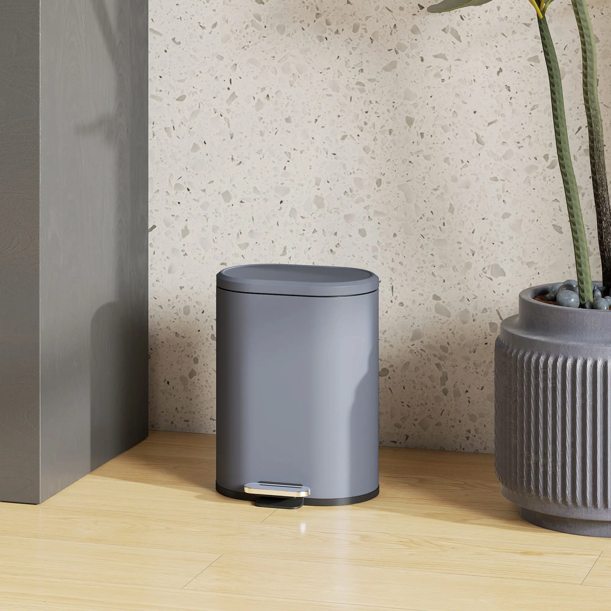 HOMCOM keukenafvalbak 6L Compact, metalen pedaalemmer met binnenbak, geluidsdempende deksel, anti-vingerafdruk, voor slaapkamer, badkamer, bureau, grijs