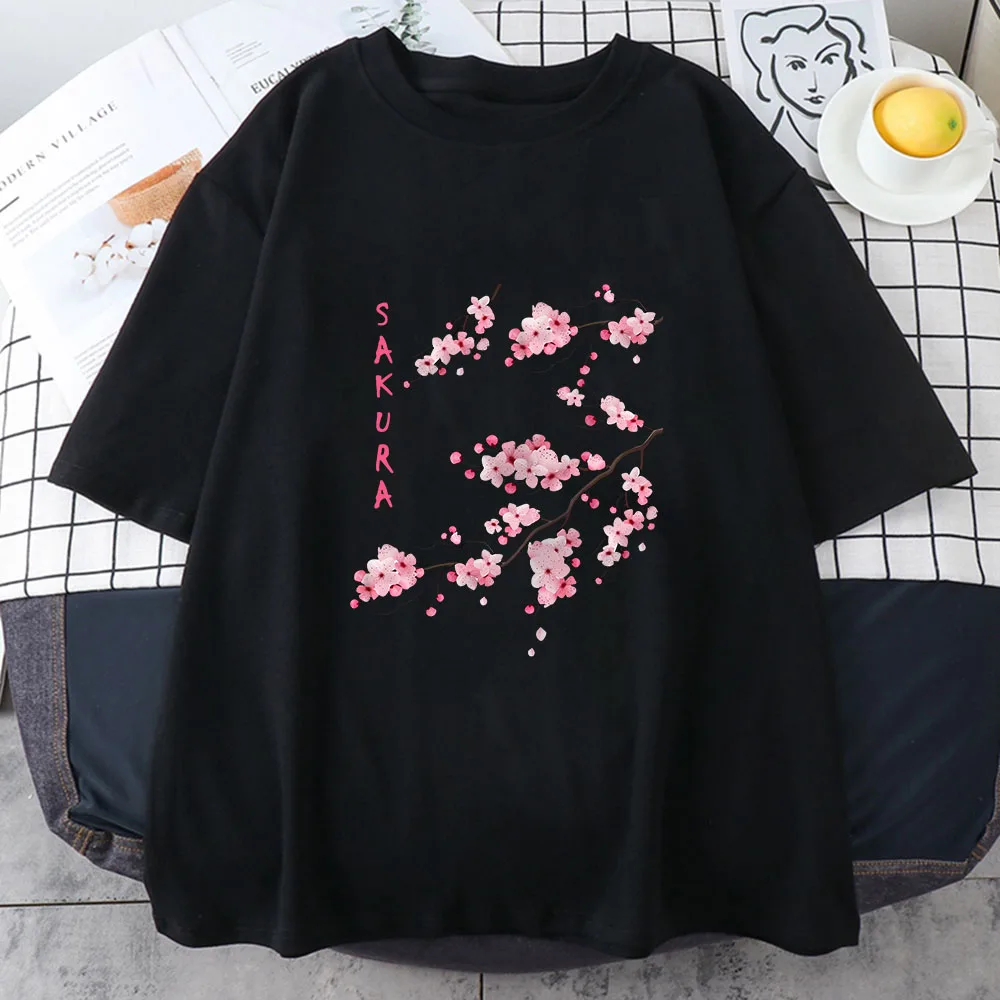 Sakura Cherry Blossom Women\'s T-shirt 100% Cotton Short Sleeve T Shirt Funny Lovely Print Tee Shirt Female Clothing High Quality