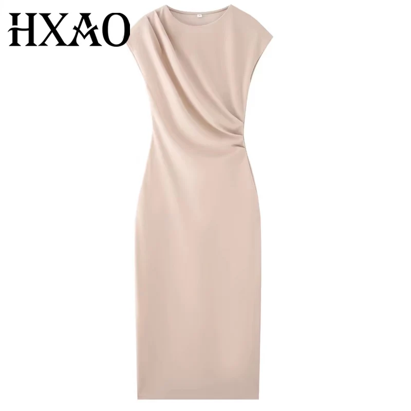 HXAO Rüschen Elegante Partykleider 2025, ärmellos, solide Midi-Kleider, Damen-Sommer-Abendkleid mit Rüschen, tailliertes langes Kleid 088