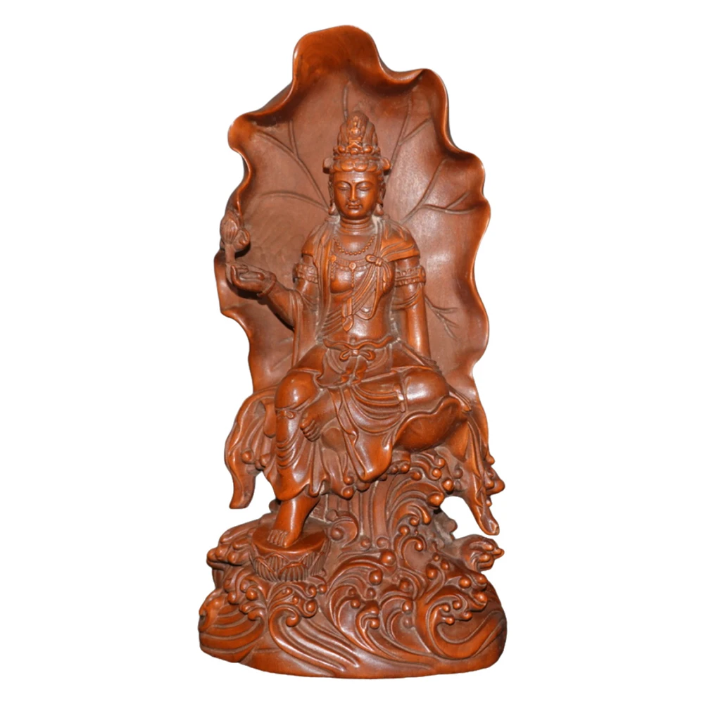 Figurine Kwan Yin sculptée dans le bois, statue décorative, lotus Guanyin, compassion, pureté, sérénité, bénédiction, sainteté