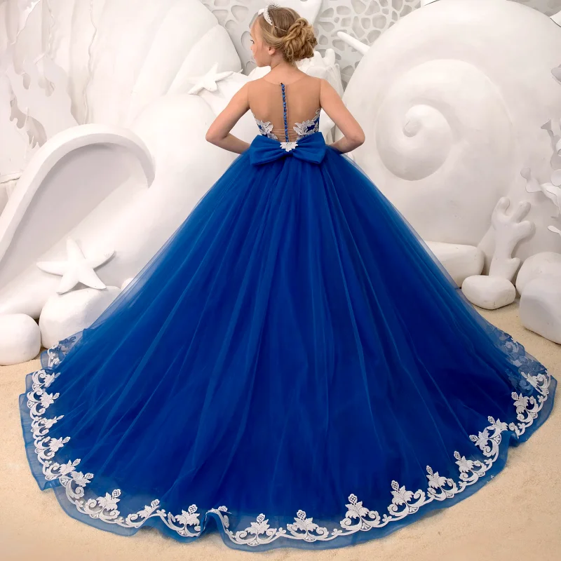 Robes de demoiselle d'honneur bleu royal, appliques blanches en tulle avec nœud en fibre pour mariage, fête d'anniversaire, banquet, princesse, quelle que soit