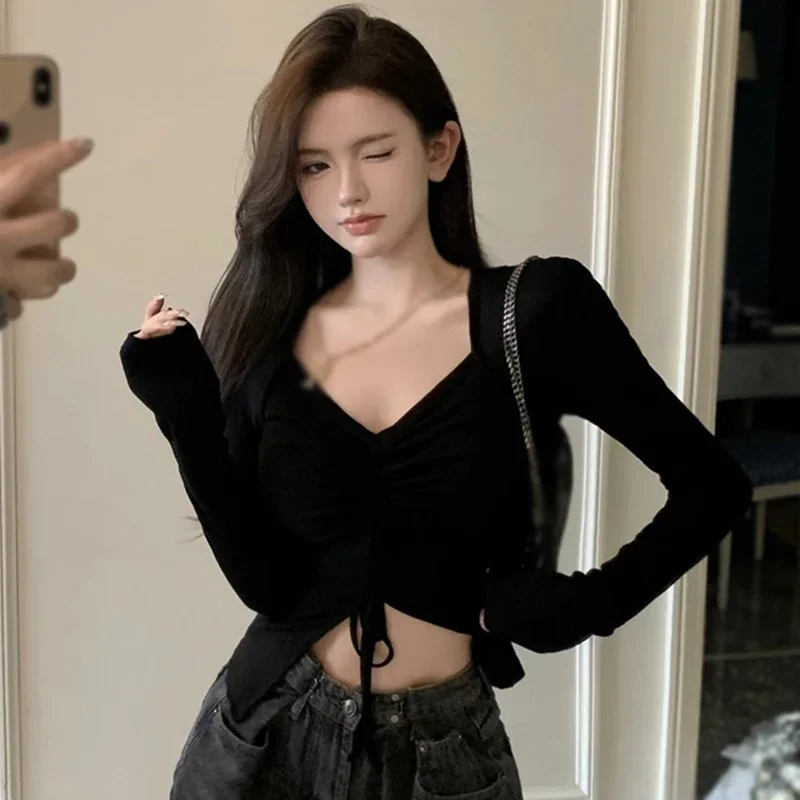 Slim Spring Retro Autumn All-Match Sweet V-Neck Long-Sleeved Cute Drawstring Design Exposed Navel Short Style Casual Top