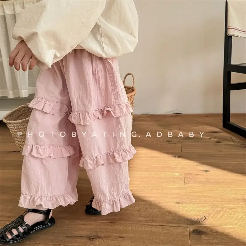 2024 Spring and Summer Children Clothing Korean Spring Lace Wide-leg Pants Nine-point Pants Girls Spring Pants Princess Style