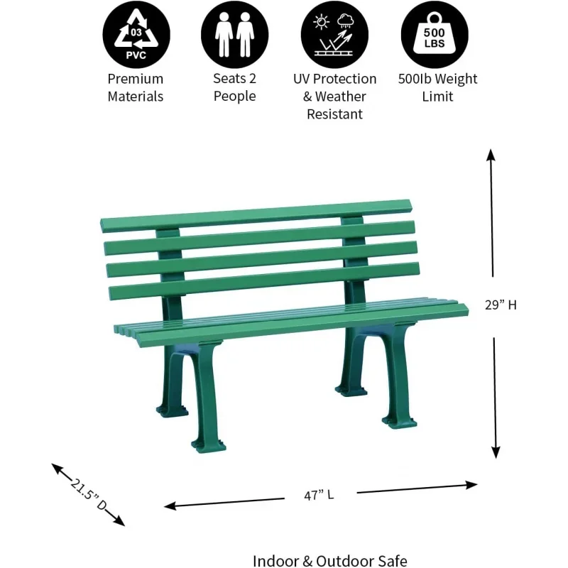 Weatherproof German PVC Outdoor Bench | 2-seat | Holds Up to 500 lbs | Garden Patio Porch Park Deck | Steel and Resin | Green