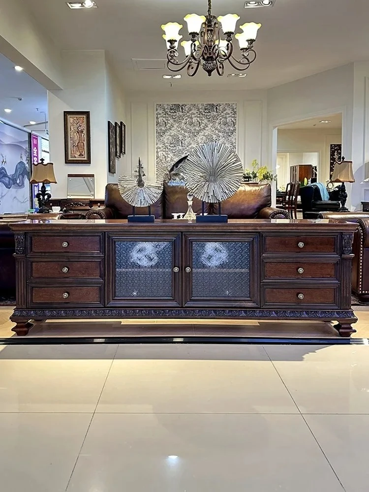 

retro solid wood TV cabinet coffee table combination pure solid wood living room carved furniture storage floor cabinet